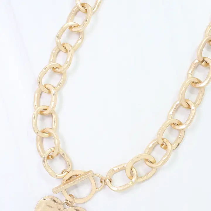 Caroline Hill Emi Hammered Heart Charm Toggle Necklace Worn Gold
