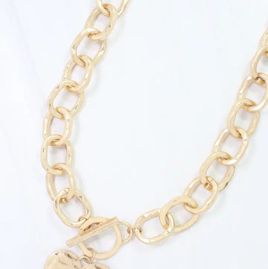 Caroline Hill Emi Hammered Heart Charm Toggle Necklace Worn Gold