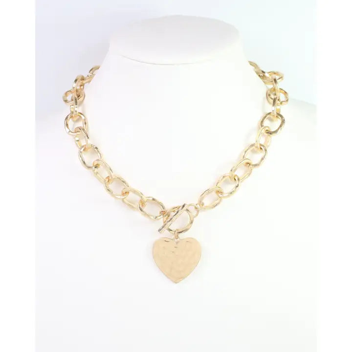 Caroline Hill Emi Hammered Heart Charm Toggle Necklace Worn Gold