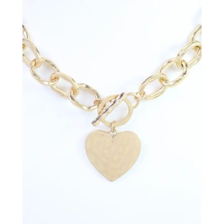 Caroline Hill Emi Hammered Heart Charm Toggle Necklace Worn Gold