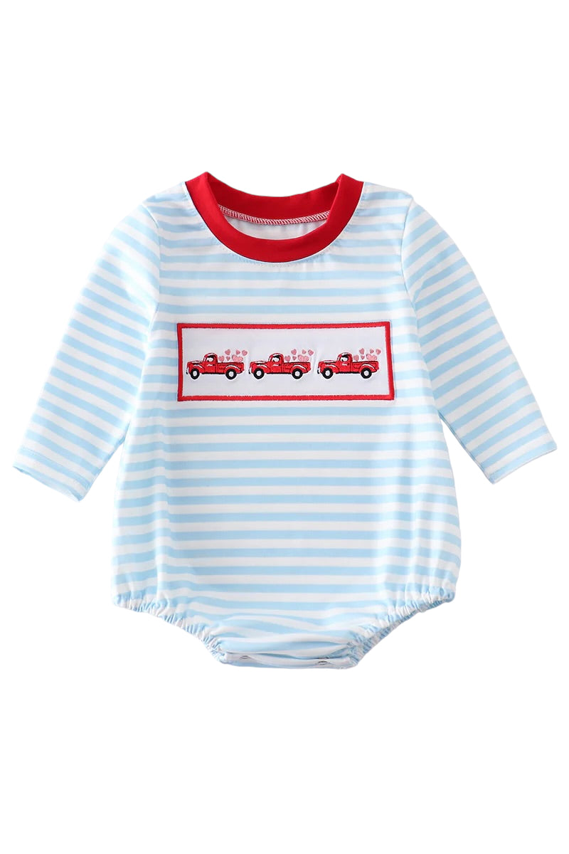 Boys Blue Heart Truck Embroidered Stripe Boy Bubble