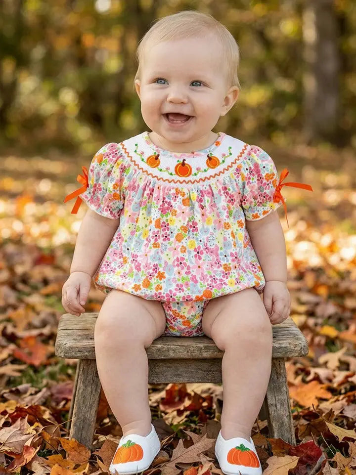 Girls Floral Smock Baby Romper with Snaps