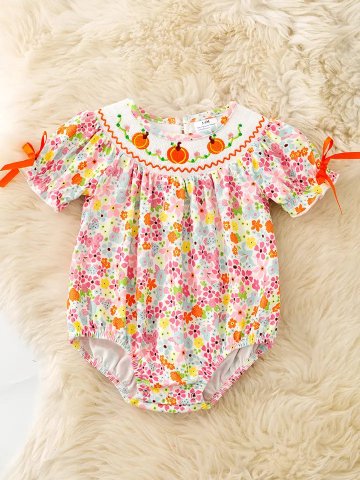 Girls Floral Smock Baby Romper with Snaps