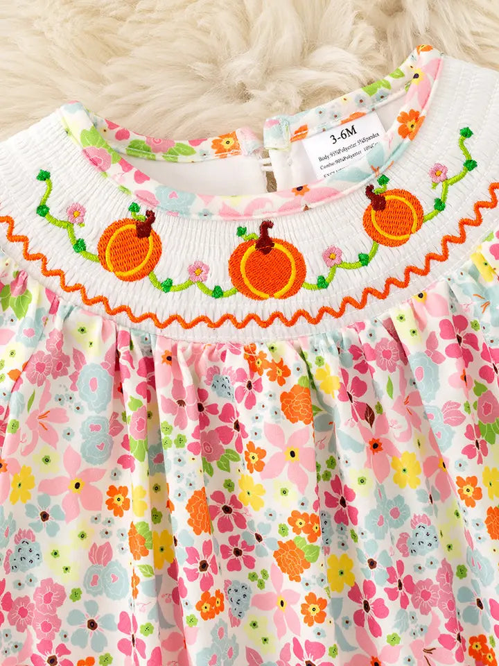 Girls Floral Smock Baby Romper with Snaps