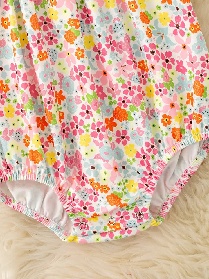 Girls Floral Smock Baby Romper with Snaps