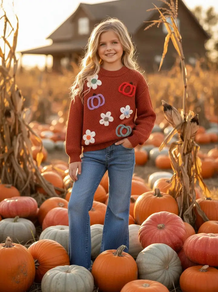 Girls Flower & Pumpkin Embroidered On Knitted Sweater