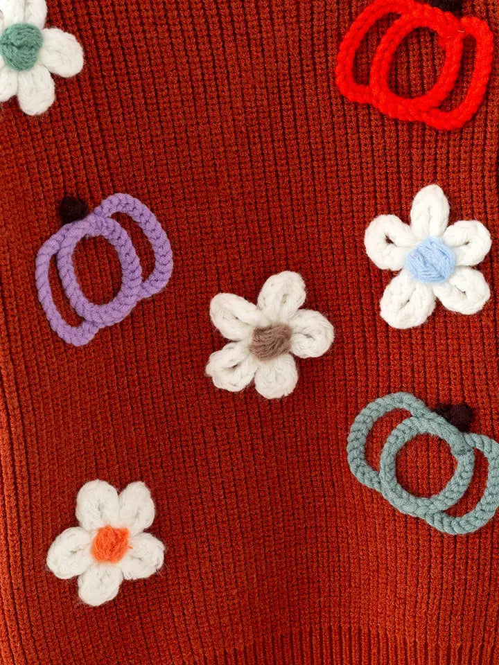Girls Flower & Pumpkin Embroidered On Knitted Sweater