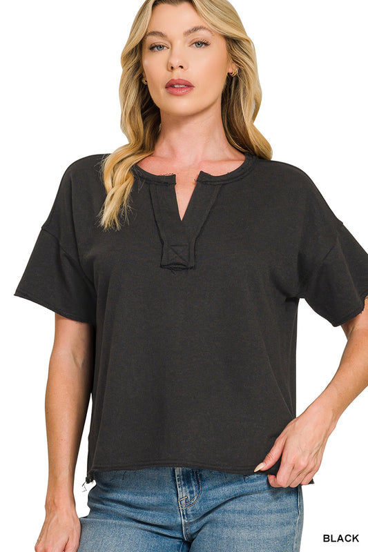 Womens Zenana Black French Terry Split Neck Exposed Seam Top