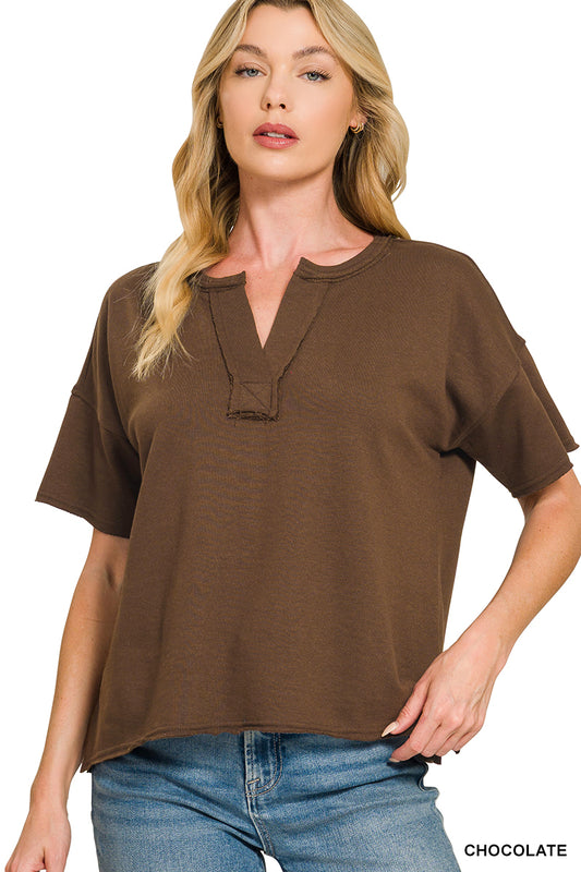 Womens Zenana Chocolate French Terry Split Neck Exposed Seam Top