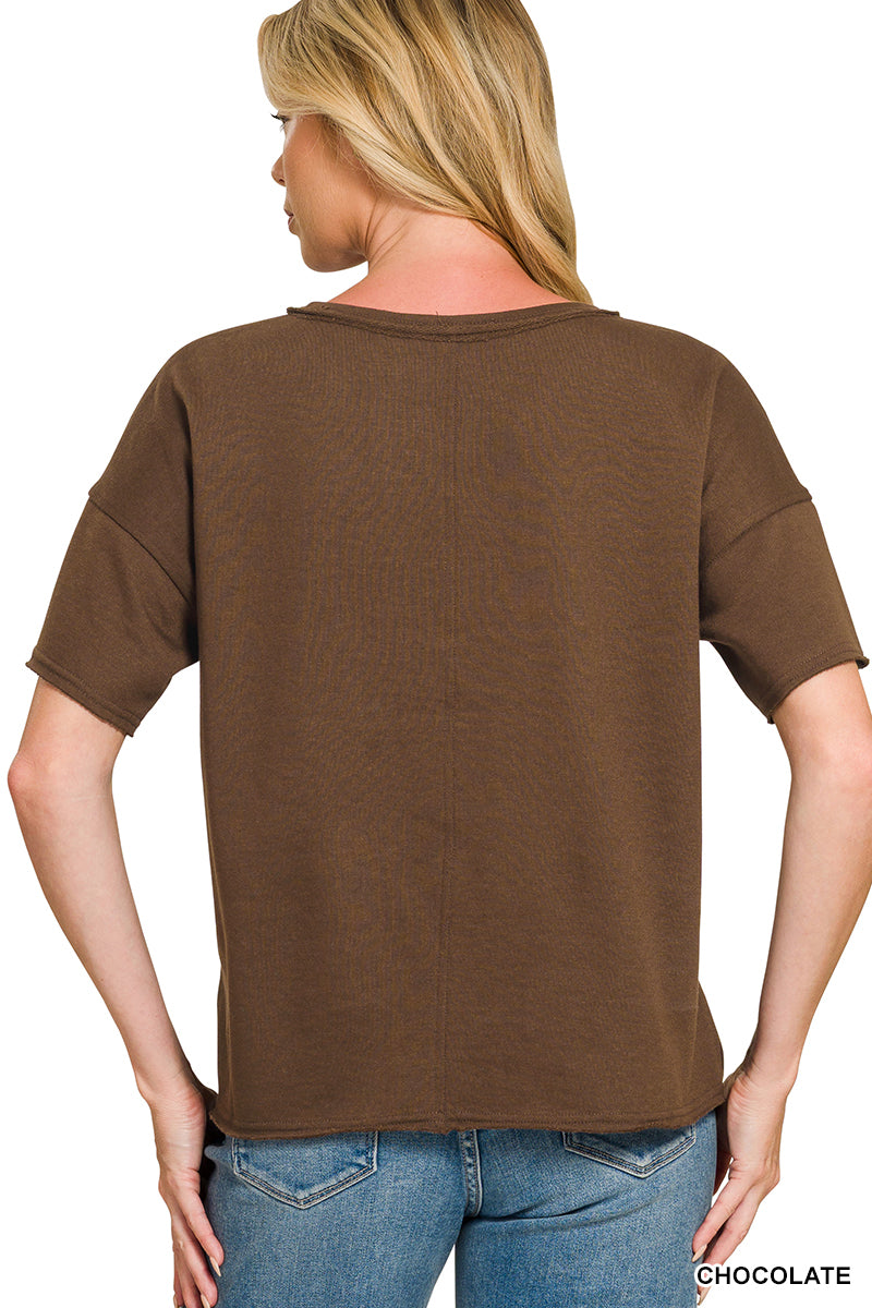 Womens Zenana Chocolate French Terry Split Neck Exposed Seam Top