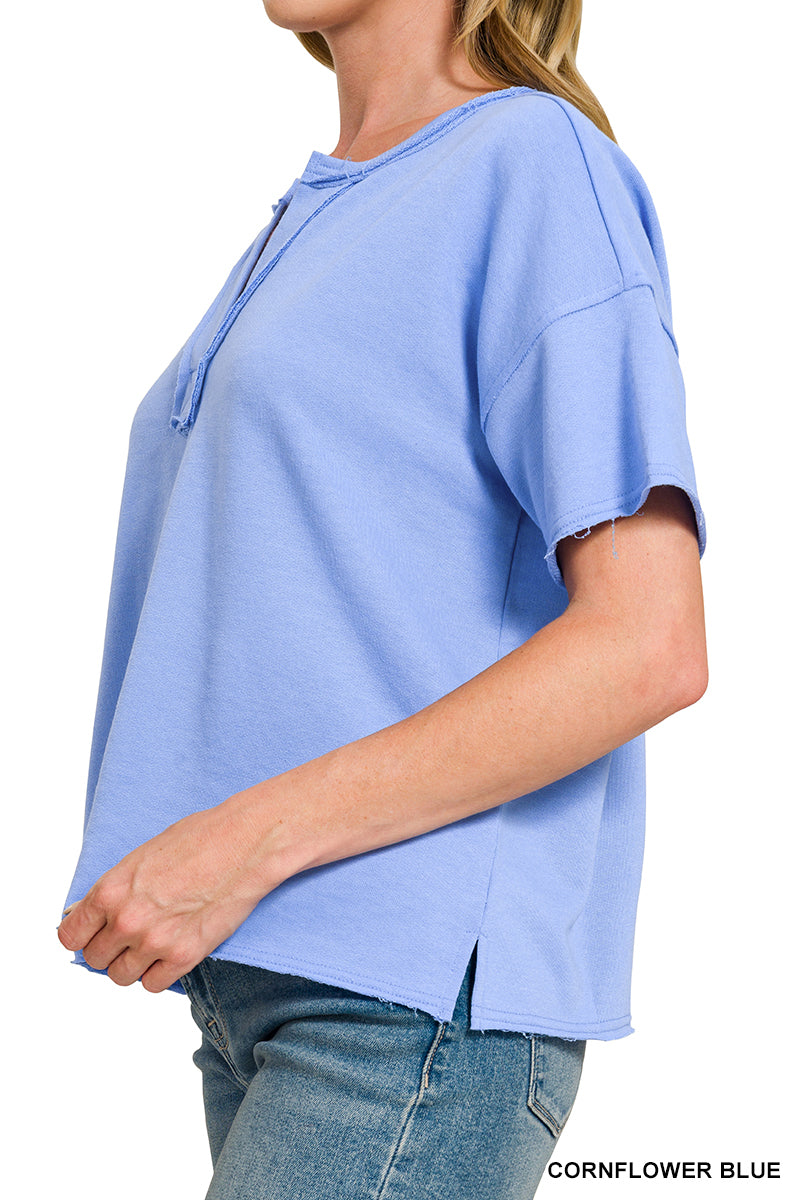 Womens Zenana Cornflower Blue French Terry Split Neck Exposed Seam Top