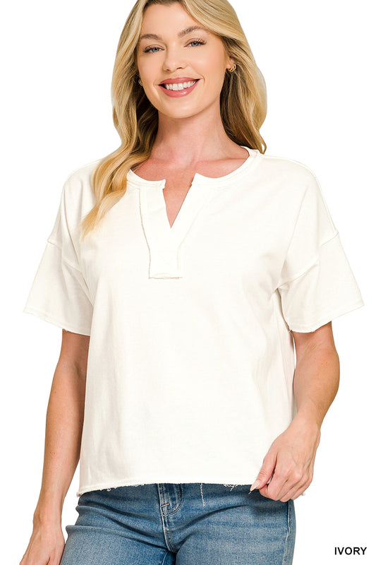 Womens Zenana Ivory French Terry Split Neck Exposed Seam Top
