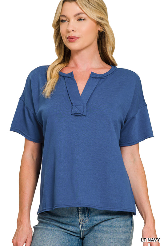 Womens Zenana Lt Navy French Terry Split Neck Exposed Seam Top