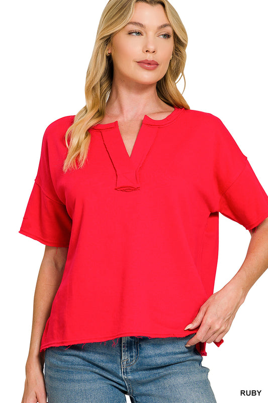 Womens Zenana Ruby French Terry Split Neck Exposed Seam Top
