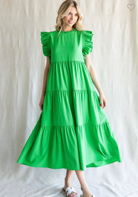 Womens Jodifl Kelly Green Solid Tiered Layer Midi Dress