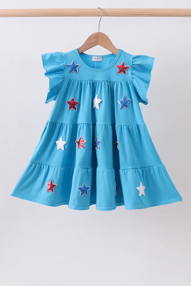 Girls Americana Blue Star Sequin Tiered Ruffle Dress