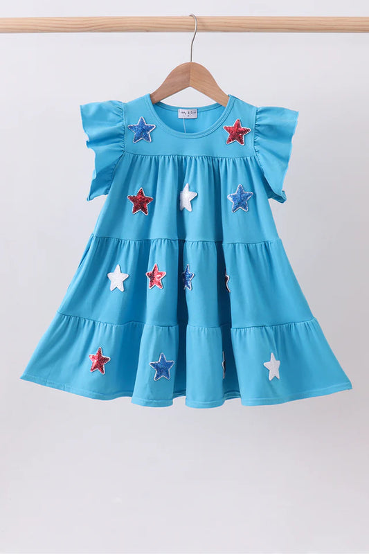 Girls Americana Blue Star Sequin Tiered Ruffle Dress