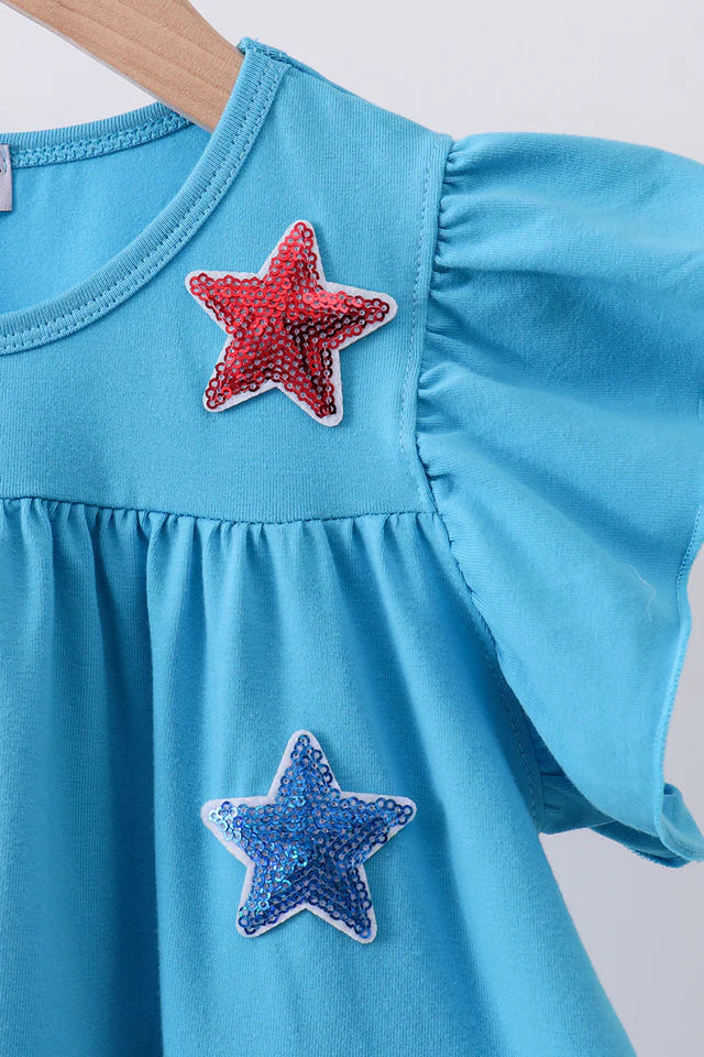 Girls Americana Blue Star Sequin Tiered Ruffle Dress