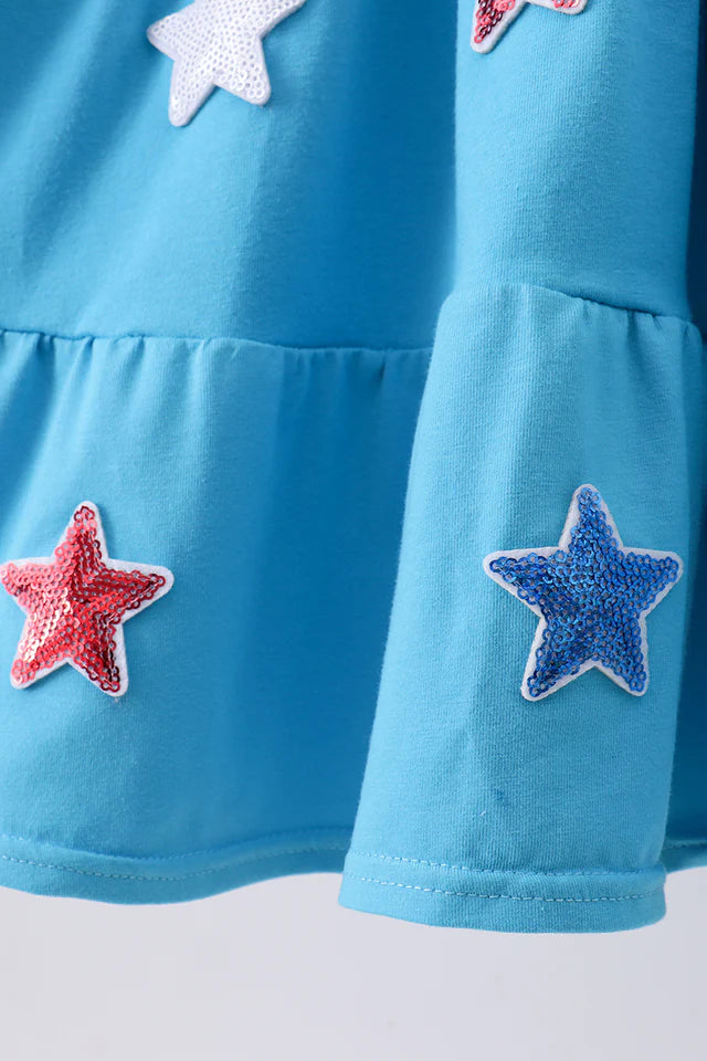 Girls Americana Blue Star Sequin Tiered Ruffle Dress