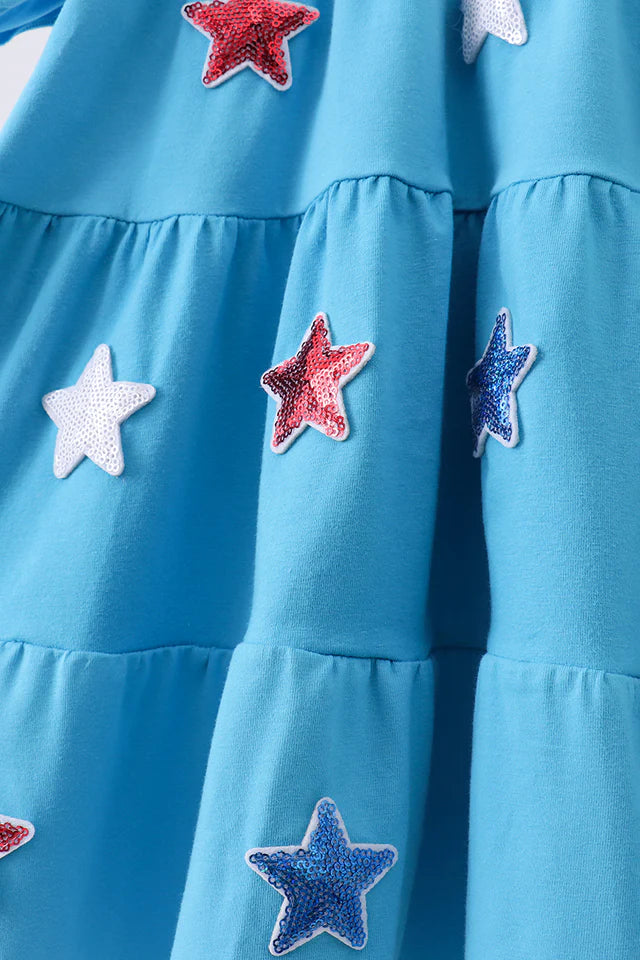 Girls Americana Blue Star Sequin Tiered Ruffle Dress