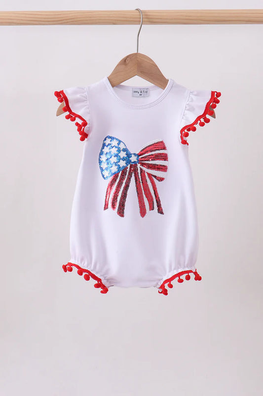 Girls Americana White Bow Sequin Romper