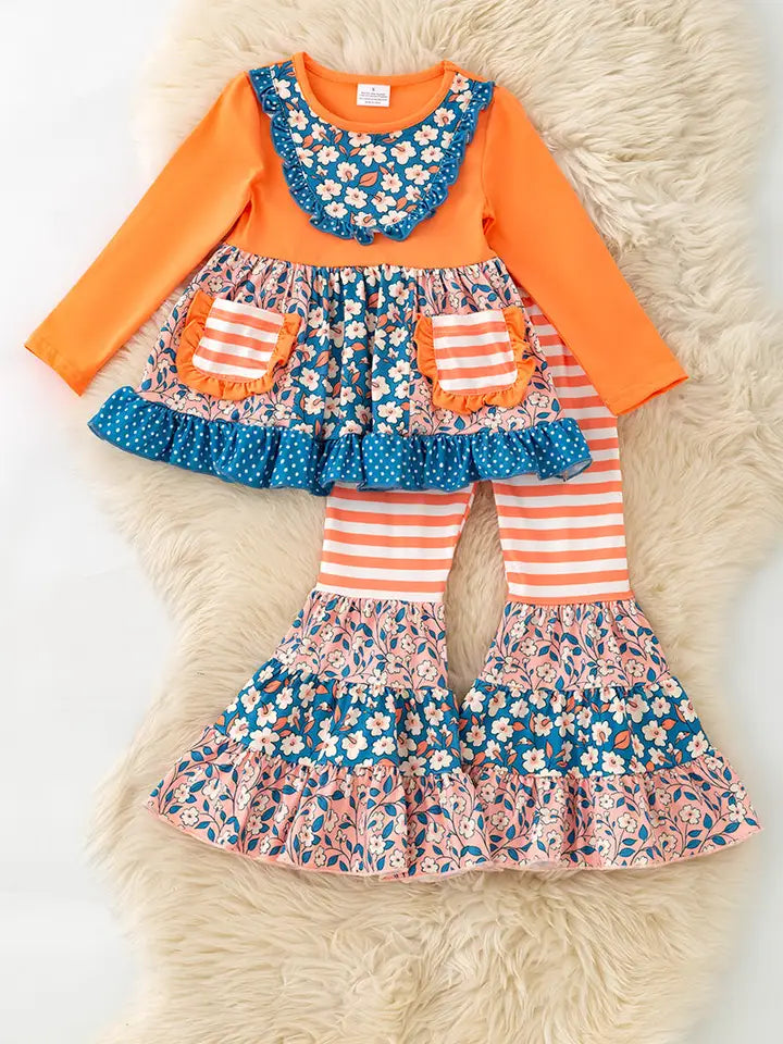 Girls Blue Orange Stripe & Floral Block Ruffle Tunic & Bell Bottoms