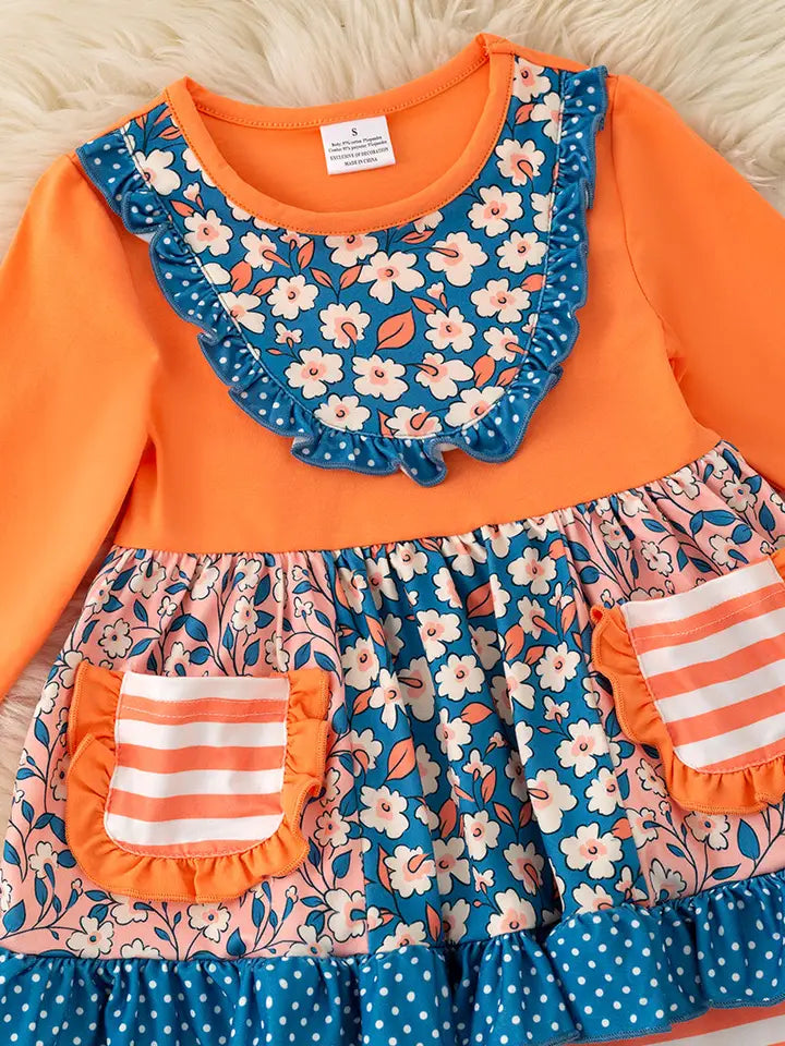 Girls Blue Orange Stripe & Floral Block Ruffle Tunic & Bell Bottoms