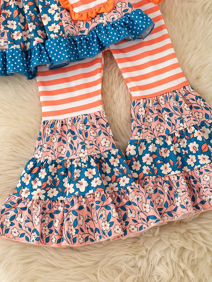 Girls Blue Orange Stripe & Floral Block Ruffle Tunic & Bell Bottoms