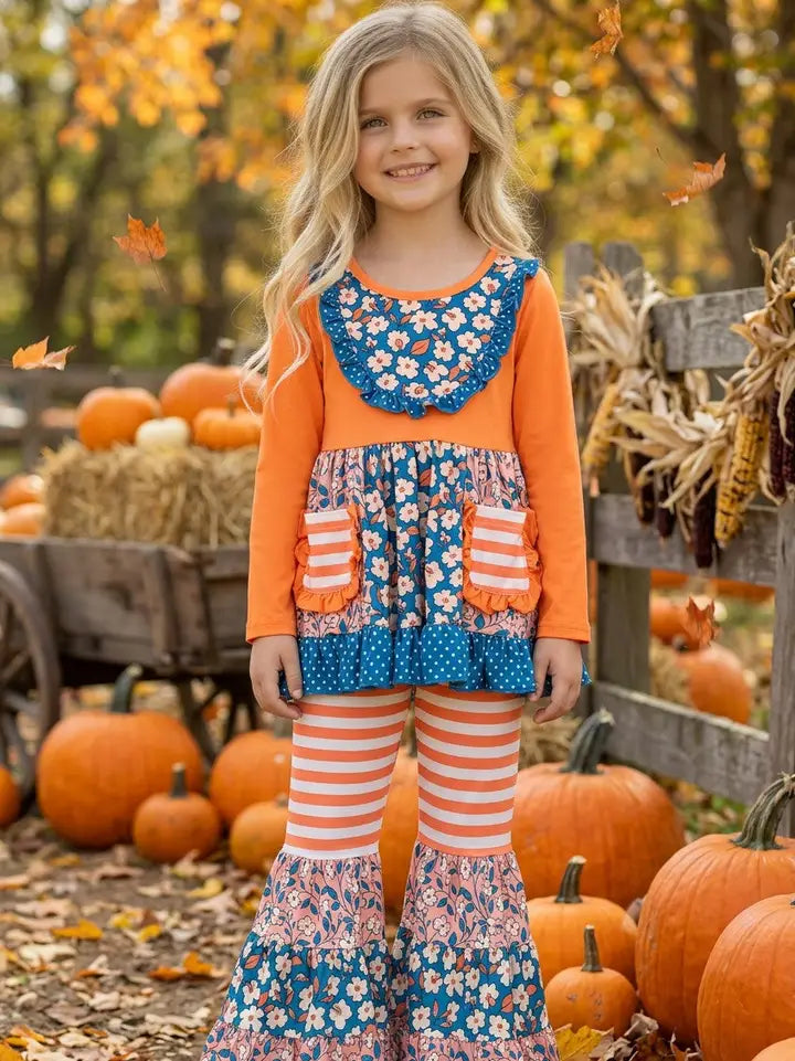 Girls Blue Orange Stripe & Floral Block Ruffle Tunic & Bell Bottoms
