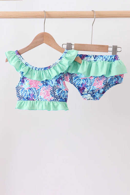 Girls Blue & Mint Marine Print Ruffle 2pc Swimsuit
