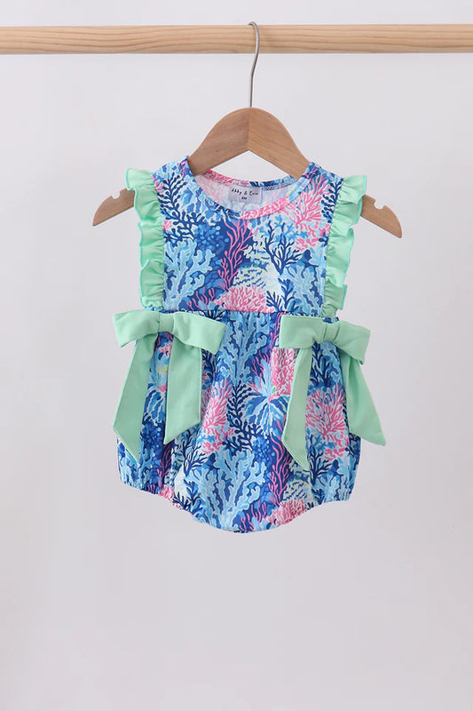 Girls Blue & Mint Marine Print Ruffle Romper
