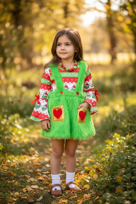 Girls Christmas Grinch Printed Bell Sleeve Top And Suspenders