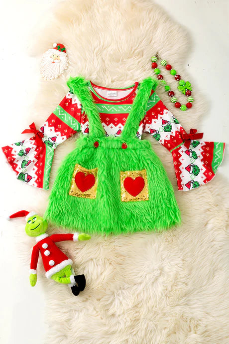 Girls Christmas Grinch Printed Bell Sleeve Top And Suspenders