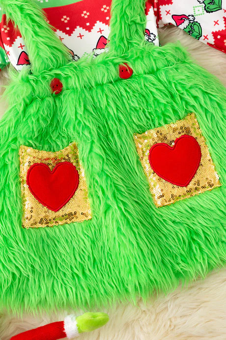 Girls Christmas Grinch Printed Bell Sleeve Top And Suspenders