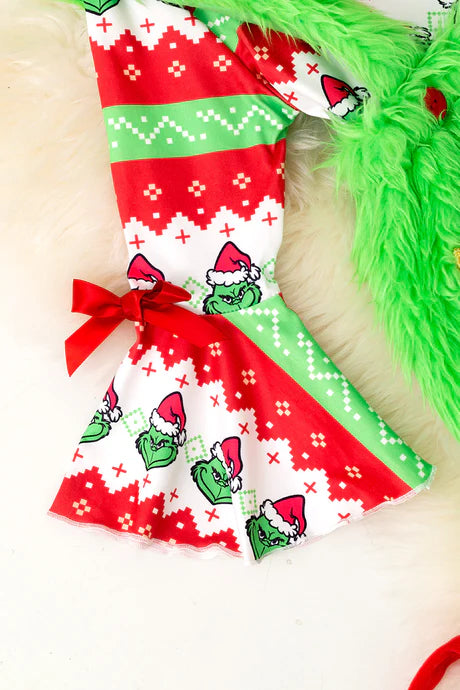 Girls Christmas Grinch Printed Bell Sleeve Top And Suspenders