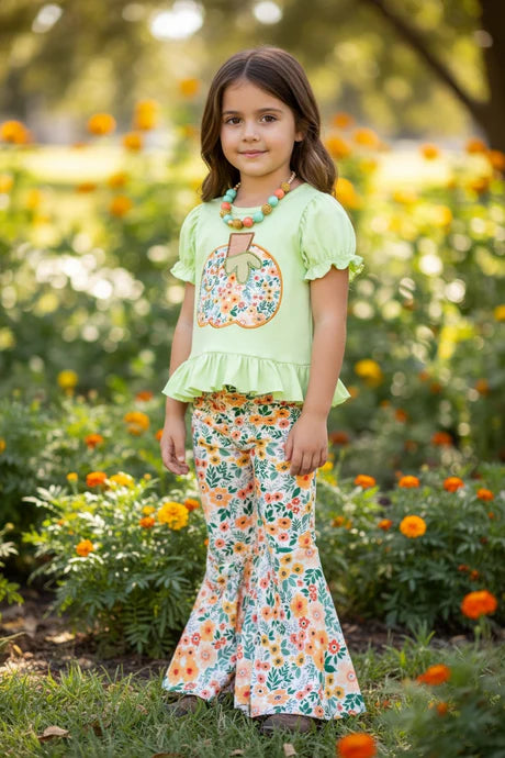 Girls Floral Pumpkin Application Top And Bell Bottoms