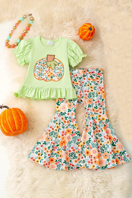 Girls Floral Pumpkin Application Top And Bell Bottoms