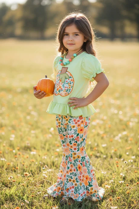 Girls Floral Pumpkin Application Top And Bell Bottoms