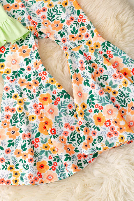 Girls Floral Pumpkin Application Top And Bell Bottoms