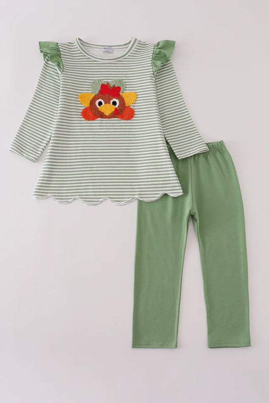 Girls Green Turkey French Knot Stripe Pants Set