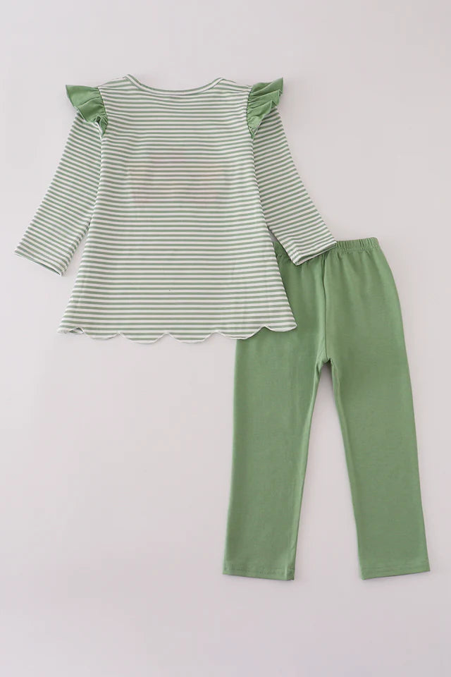 Girls Green Turkey French Knot Stripe Pants Set
