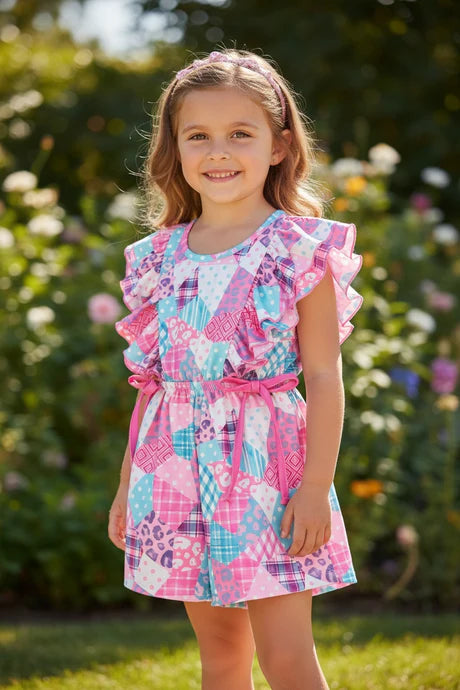 Girls Multi-Patch Printed Romper With Ruffle Sleeves