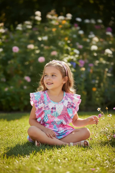 Girls Multi-Patch Printed Romper With Ruffle Sleeves