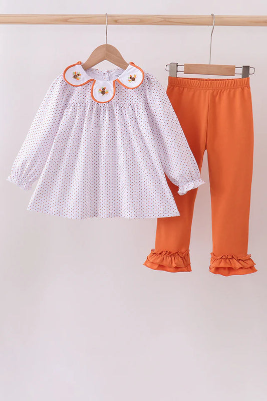 Girls Orange Turkey Embroidery Ruffle Pants Set