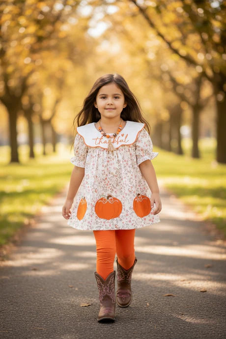 Girls Pumpkin Application Tunic With Orange Leggings