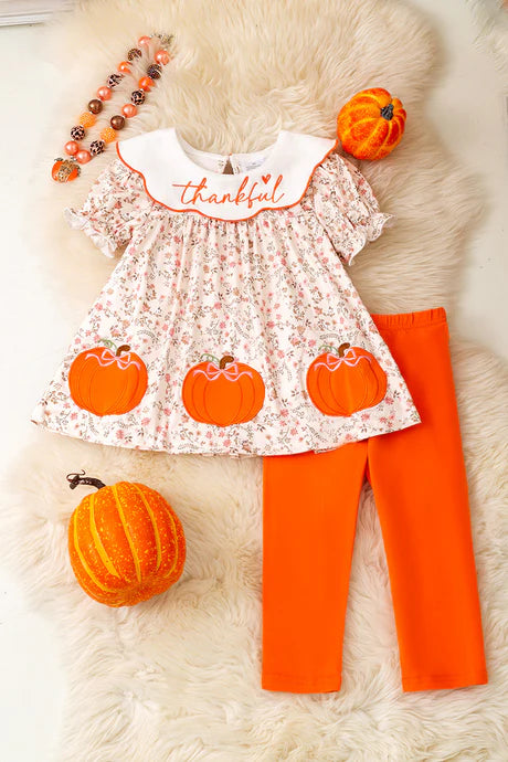 Girls Pumpkin Application Tunic With Orange Leggings
