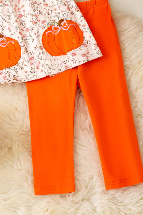 Girls Pumpkin Application Tunic With Orange Leggings