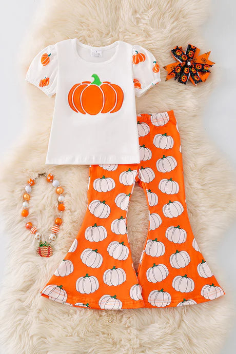 Girls Pumpkin Printed Top And Bell Bottoms