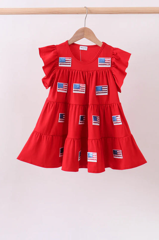 Girls Red Americana Flag Sequin Tiered Ruffle Dress