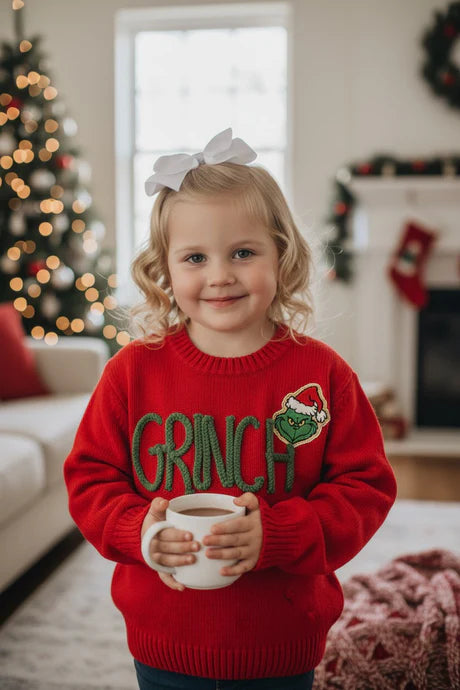 Girls Red Christmas Grinch Knitted Sweater
